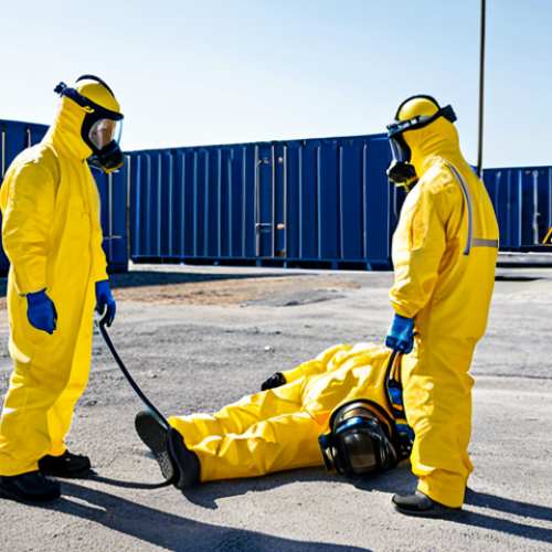 HAZMAT Training Simulation**

"A fully clothed HAZMAT team in protective gear participates in a training simulation on a contained site, resolving a simulated chemical spill. Appropriate content, safe for work, professional training environment, perfect anatomy, correct proportions, well-lit scene, family-friendly."

**
