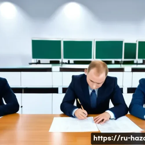 위험물관리사 자격증 시험 접수 방법 - A professional registration office scene for a hazardous materials certification exam in Russia, sho...