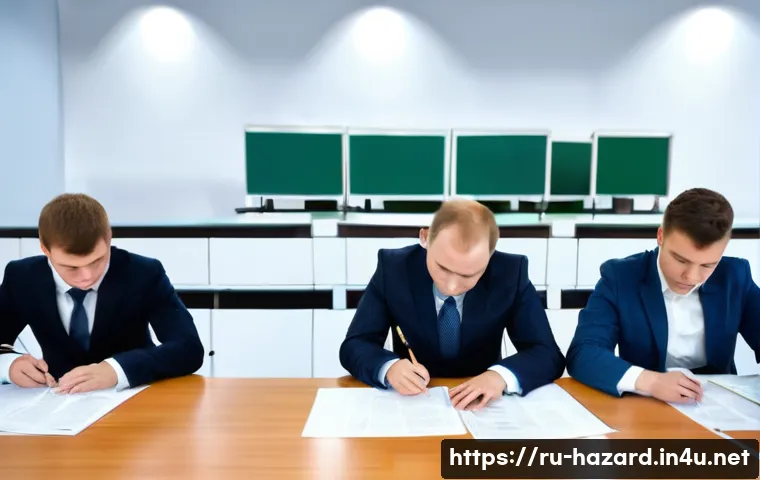 위험물관리사 자격증 시험 접수 방법 - A professional registration office scene for a hazardous materials certification exam in Russia, sho...
