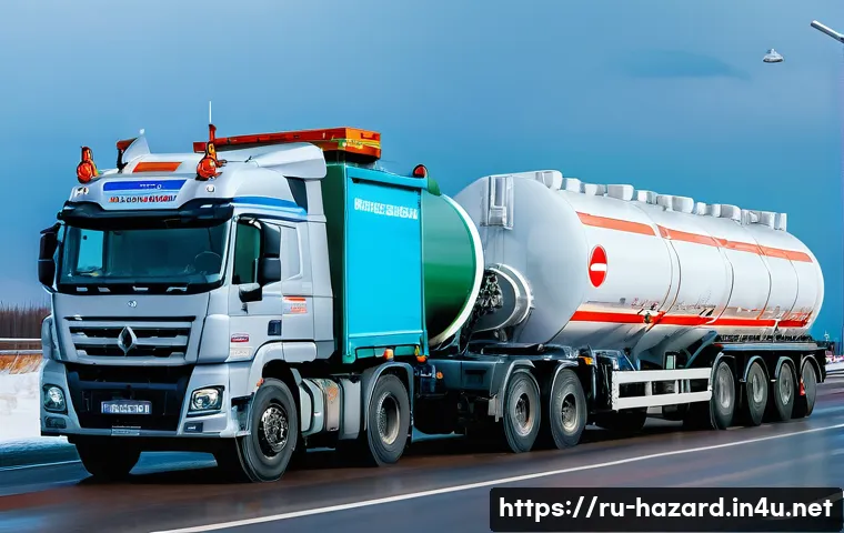 위험물관리사 자격증으로 창업 가능한 분야 - A high-tech hazardous materials transportation scene featuring a modern tanker truck with corrosion-...