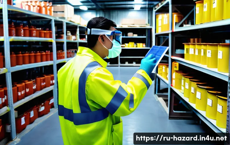 위험물관리사 면접 대비 예상 질문과 답변 - A professional hazardous materials worker in a modern industrial facility, wearing full personal pro...