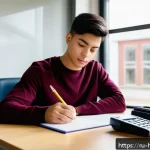 Home 18 위험물관리사 실기 시험 당일 준비 팁 - A focused young adult student sitting at a clean, organized desk in a bright, modern study room with...