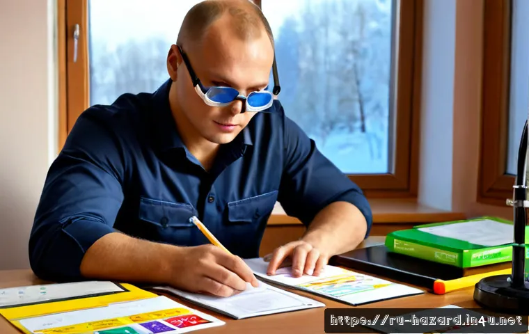 Home 17 위험물관리사 이론 공부 효율적으로 하는 법 - Photorealistic Russian adult safety professional efficiently studying hazardous materials theory at ...